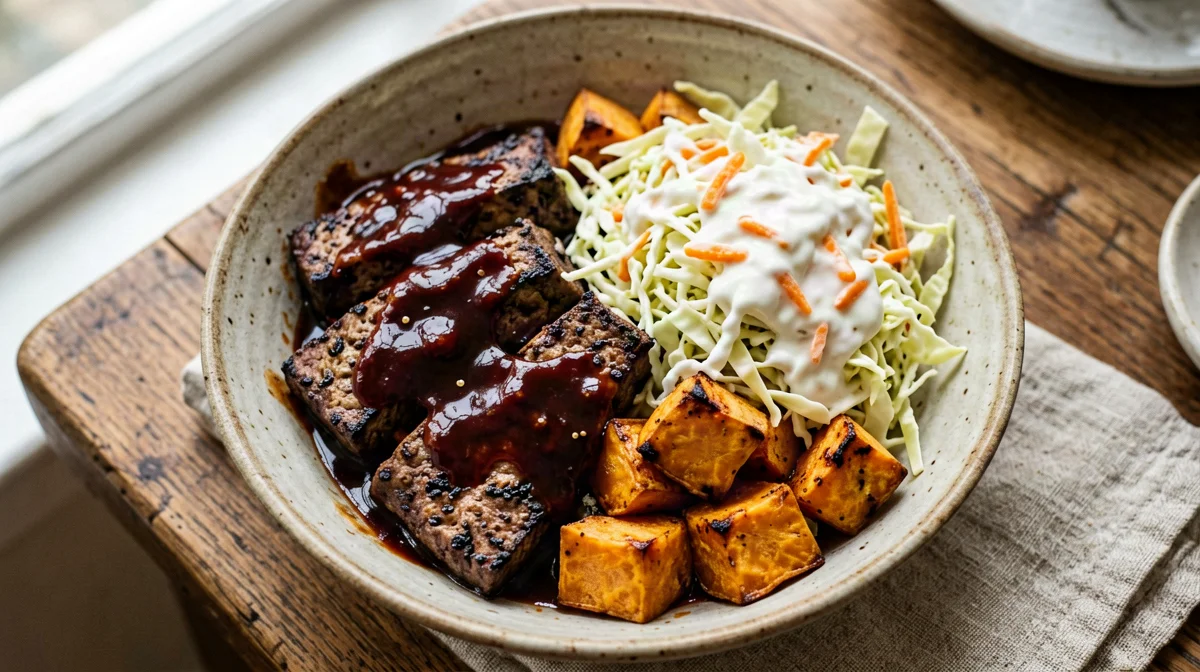 Bowl di tempeh al barbecue con patate dolci e cavolo croccante