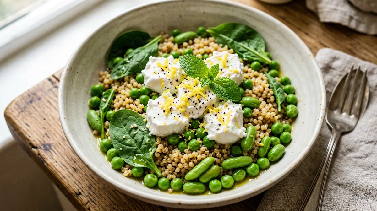 Spring bowl with farro, broad beans, peas and lemon ricotta