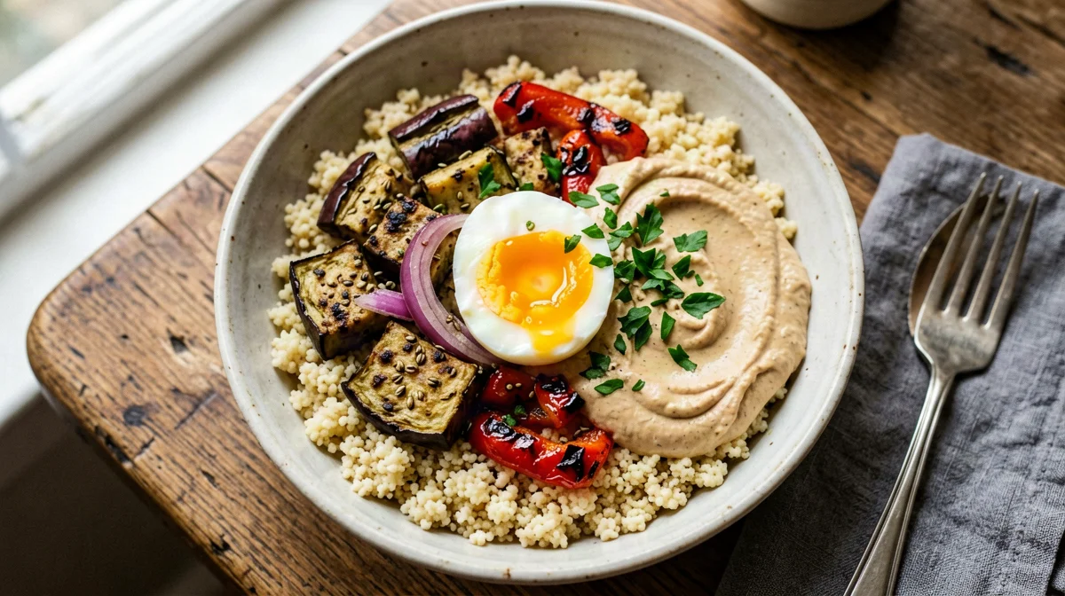 Middle Eastern bowl with hummus, couscous, roasted vegetables and egg