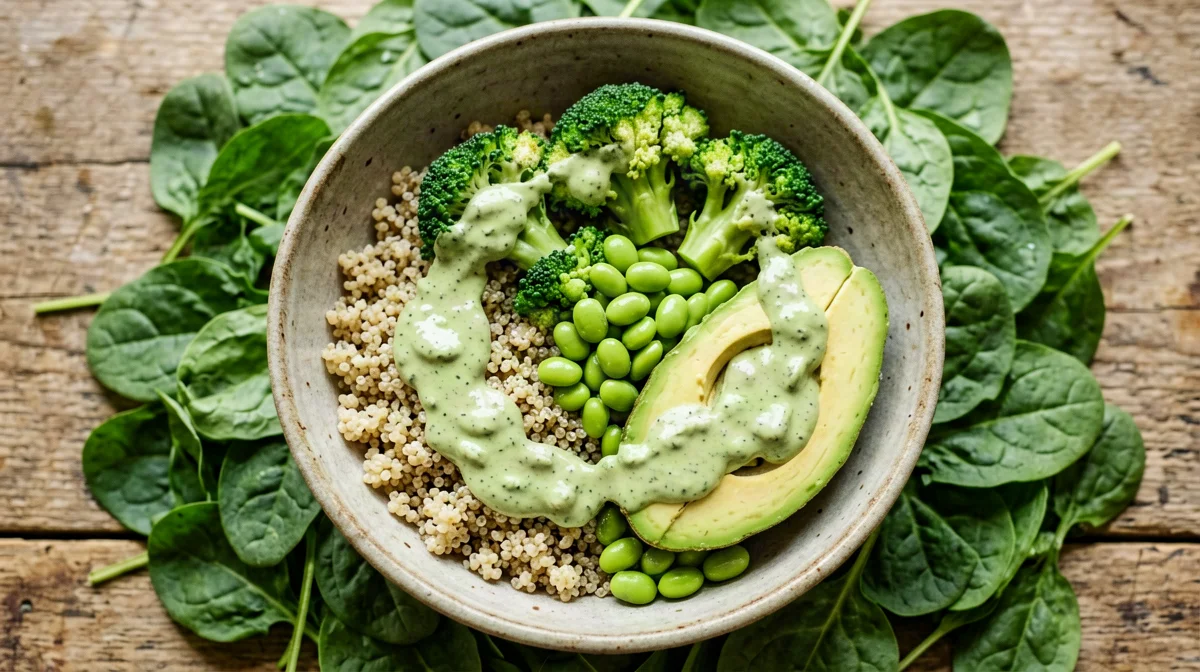 Bowl verde di quinoa, broccoli, edamame e salsa di basilico e anacardi