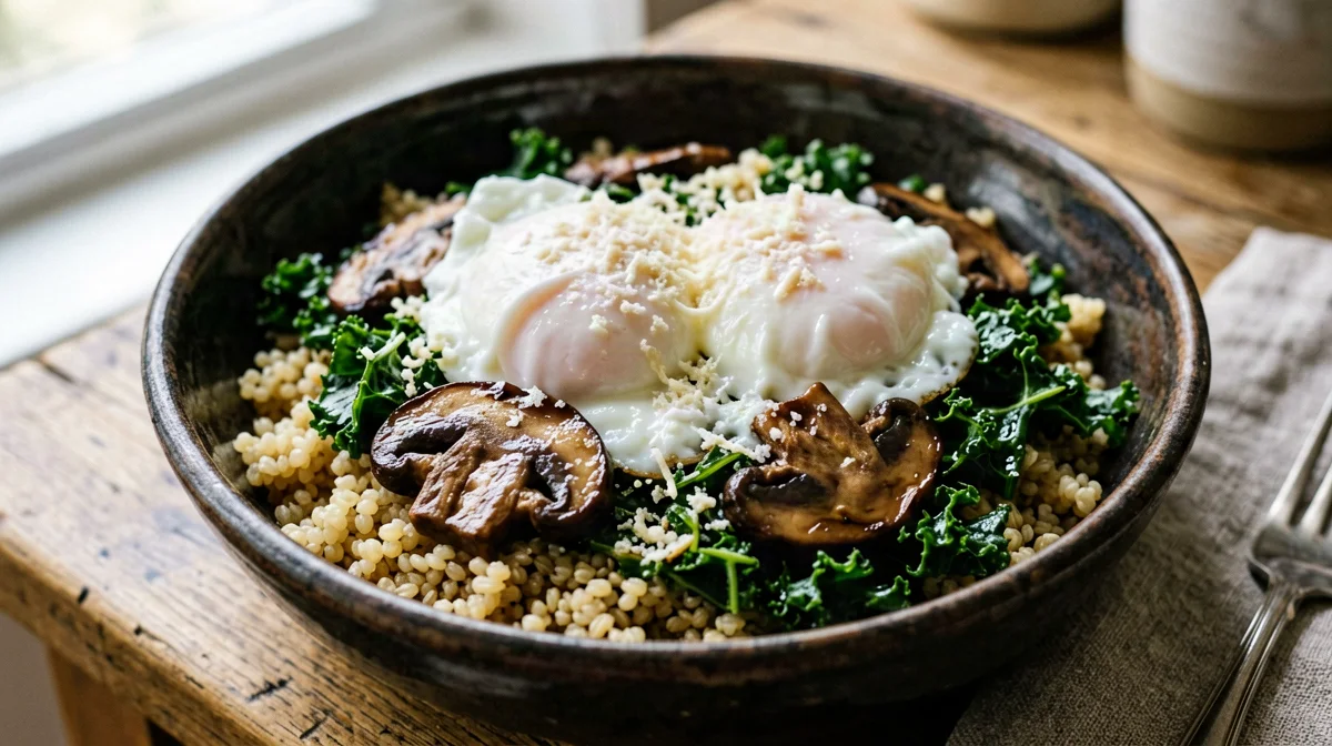 Bowl di farro, funghi, cavolo nero e uovo in camicia