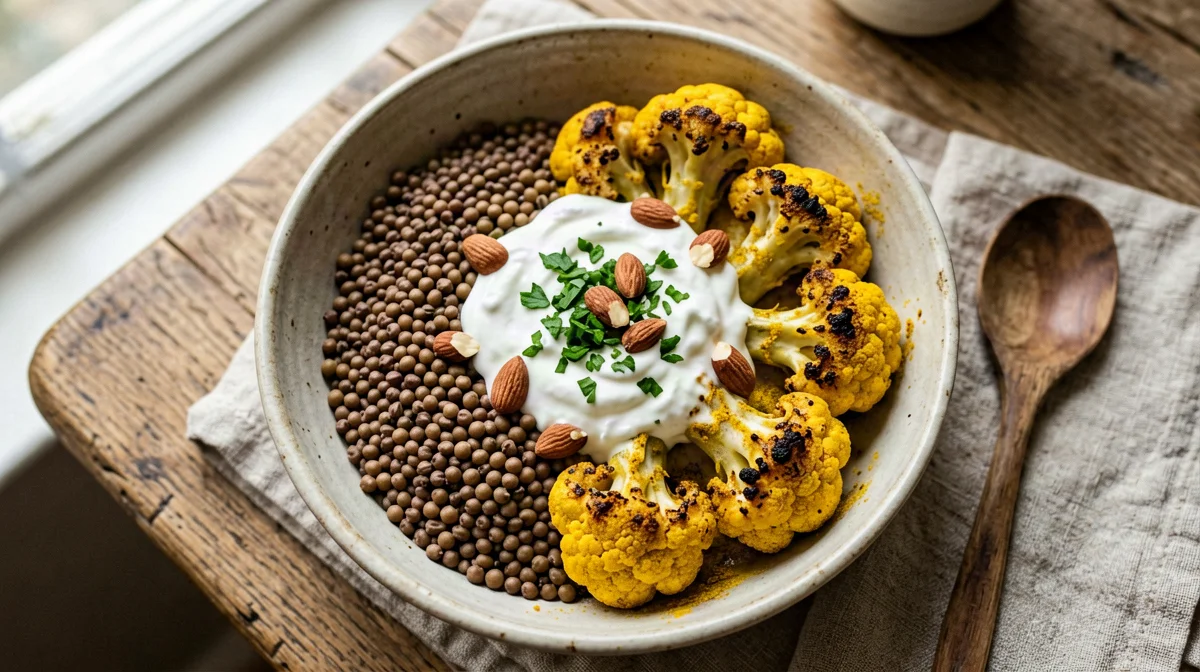 Bowl di grano saraceno, cavolfiore arrosto, lenticchie e yogurt di soia