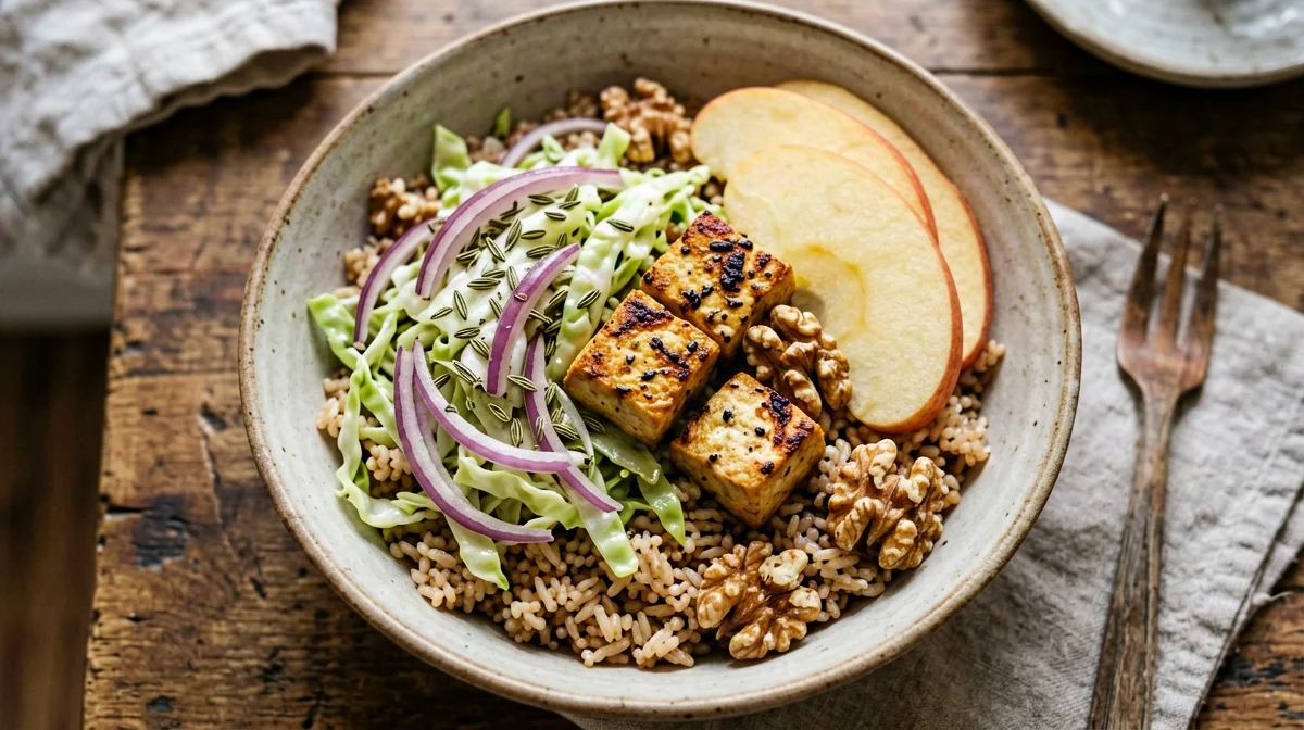 Bowl di riso integrale, tofu affumicato, verza e mela