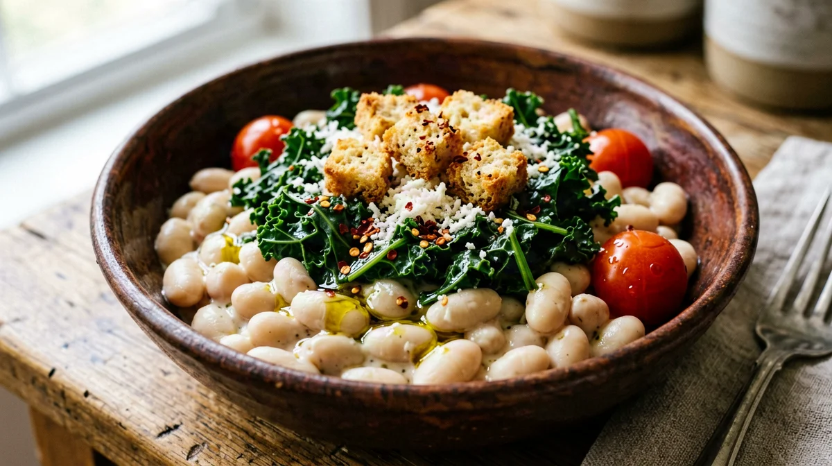 Bowl toscano di cannellini, cavolo nero, crostini e pecorino