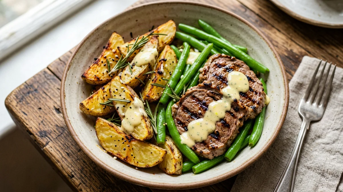 Bowl di seitan alla piastra con patate arrosto, fagiolini e tahina
