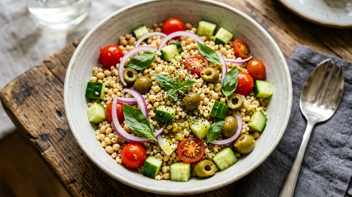 Bowl di lupini, farro, pomodorini e olive