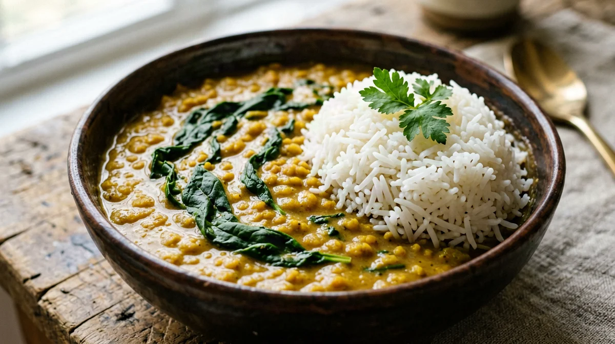 Bowl di dal di lenticchie rosse con riso basmati e spinaci