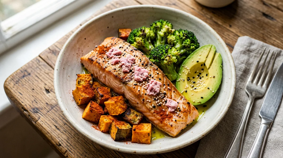 Bowl di salmone al forno, patate dolci, broccoli e avocado