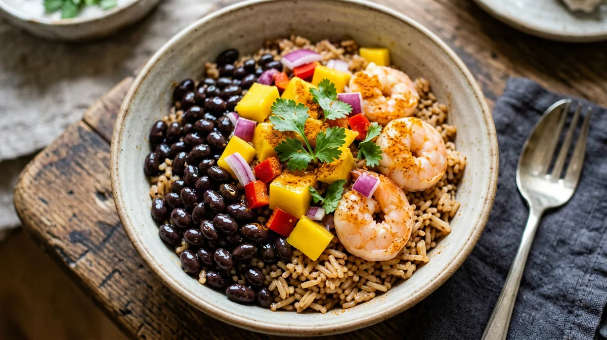 Bowl di gamberi al lime con riso integrale, fagioli neri e mango