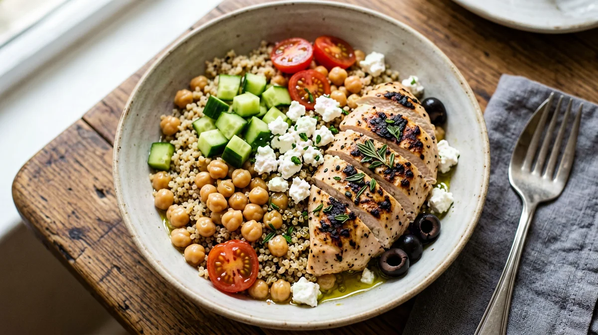 Bowl mediterranea di pollo, quinoa, ceci, cetriolo e feta
