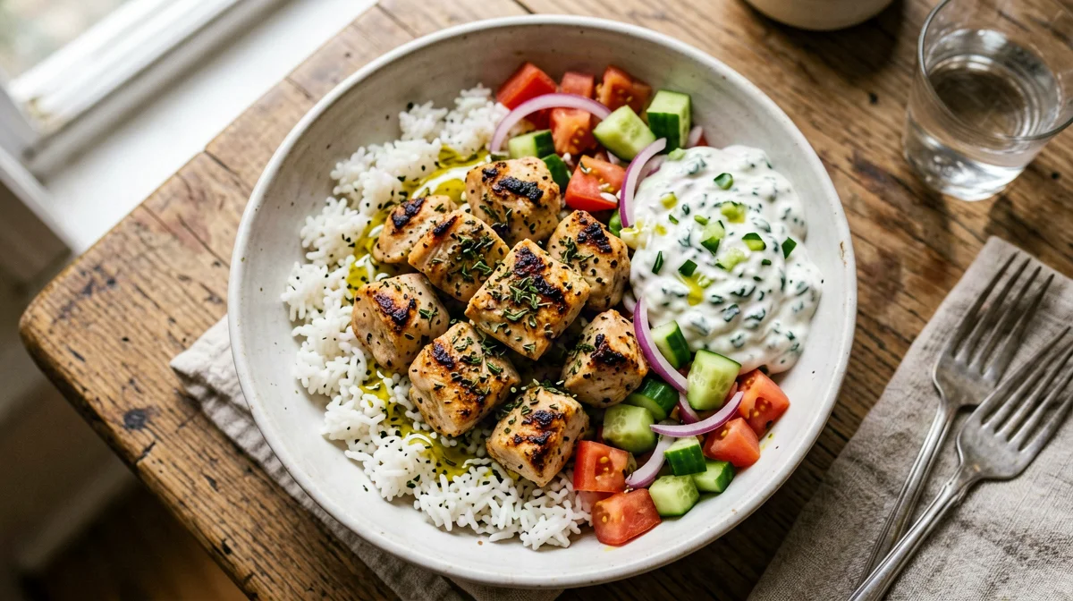 Bowl greca di pollo all'origano con riso e tzatziki