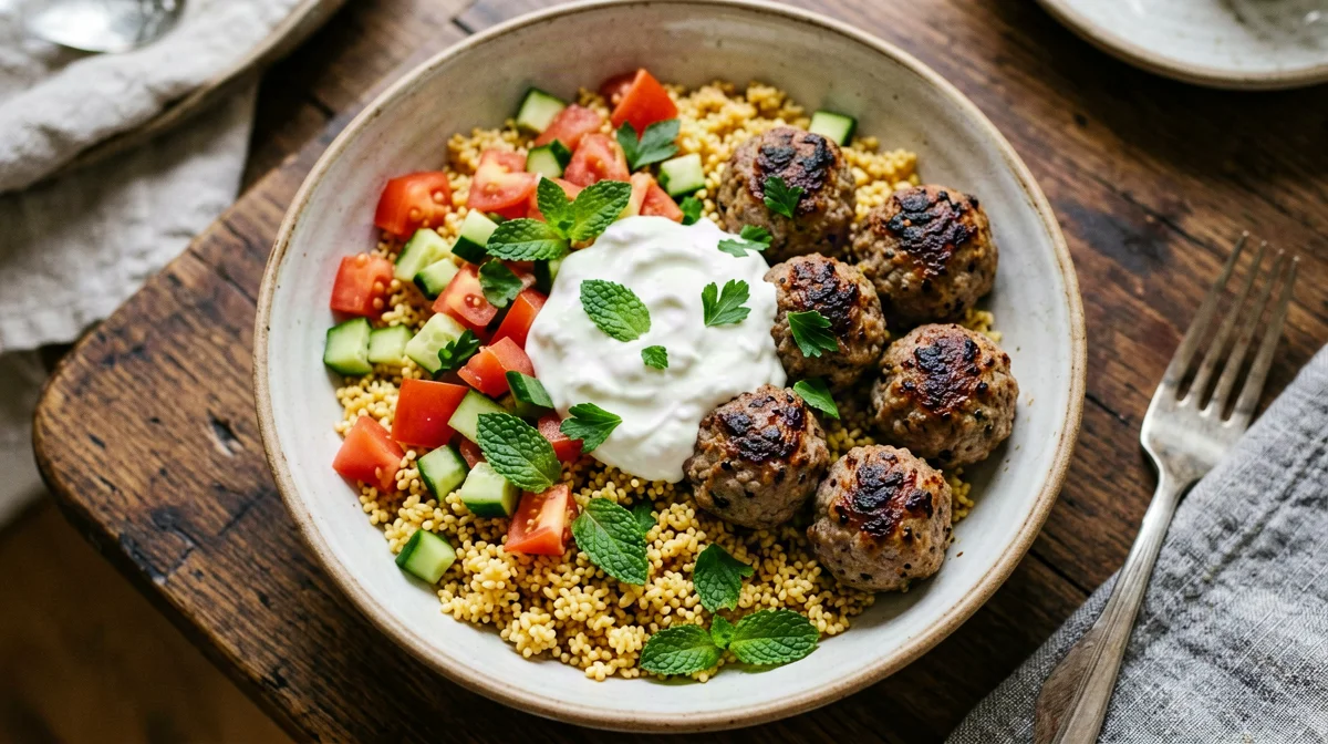 Minted lamb meatball bowl with bulgur and yogurt