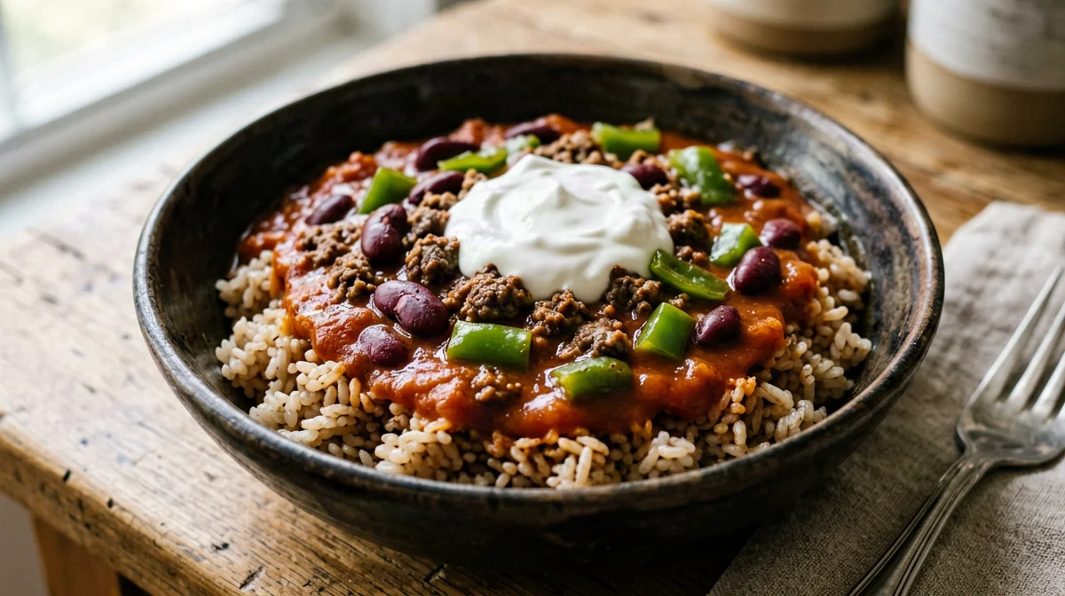 Bowl di manzo speziato, riso integrale, fagioli rossi e peperoni