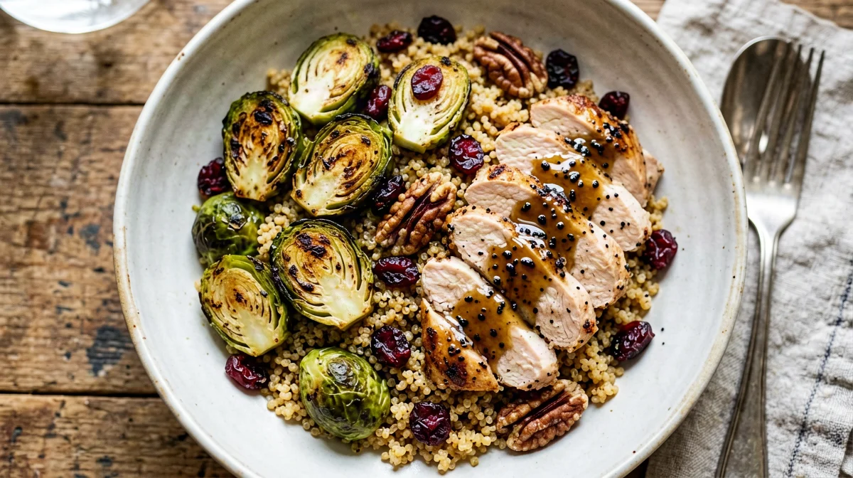 Bowl di tacchino, quinoa, cavoletti di Bruxelles e mirtilli rossi