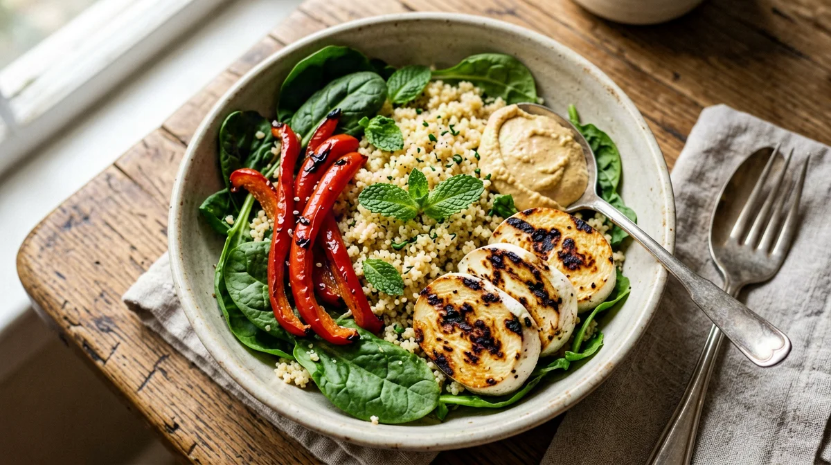 Halloumi bowl with couscous, roasted peppers and hummus