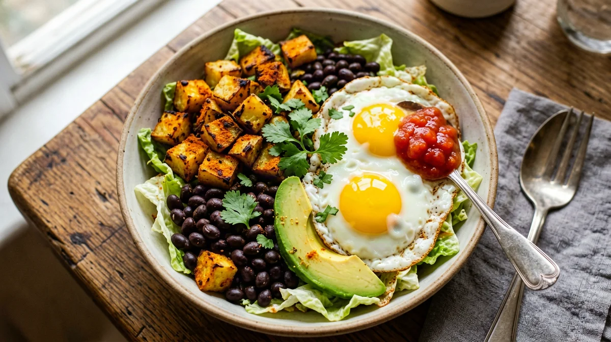 Mexican egg bowl with black beans, potatoes and avocado