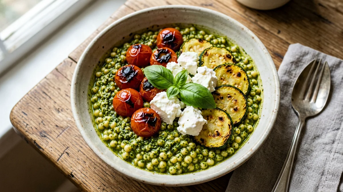 Bowl d'orzo con mozzarella, pomodori arrosto e pesto