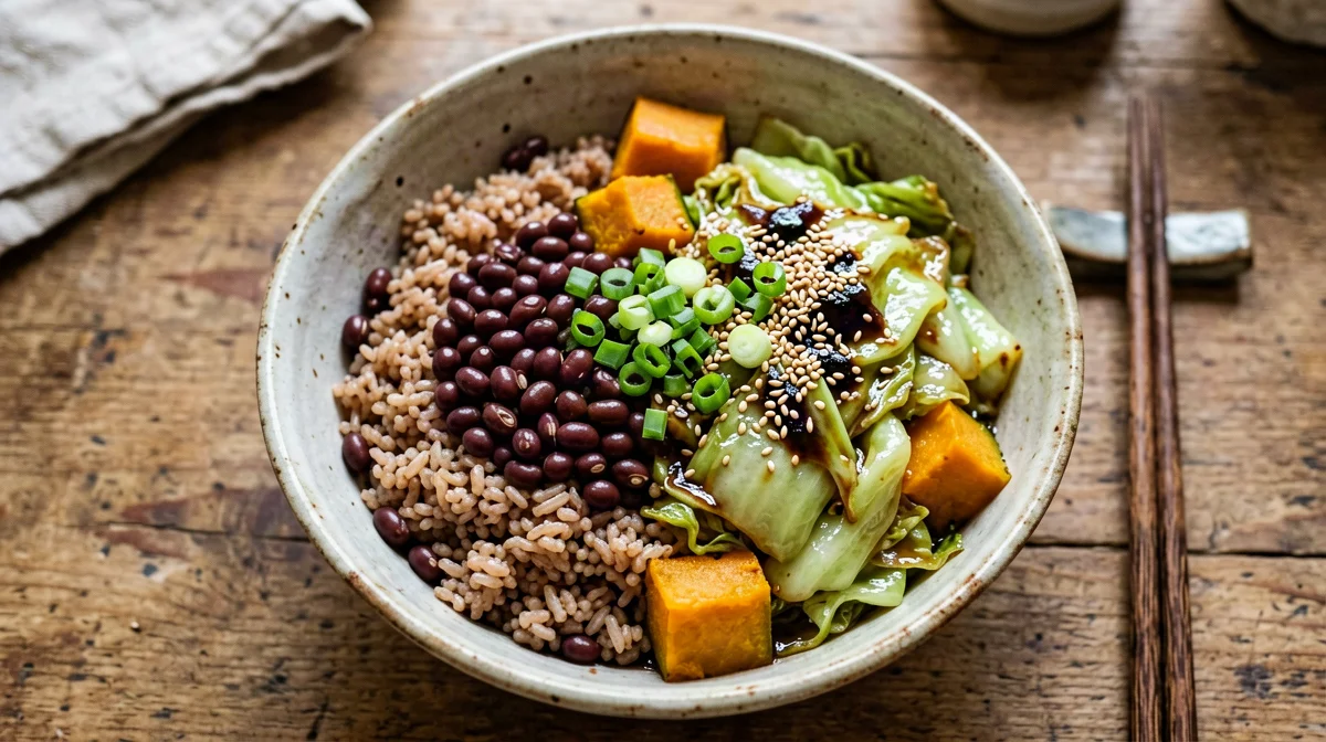 Adzuki bean bowl with brown rice, pumpkin and sesame