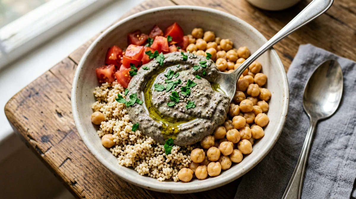 Bowl di bulgur con ceci, baba ganoush e pomodori