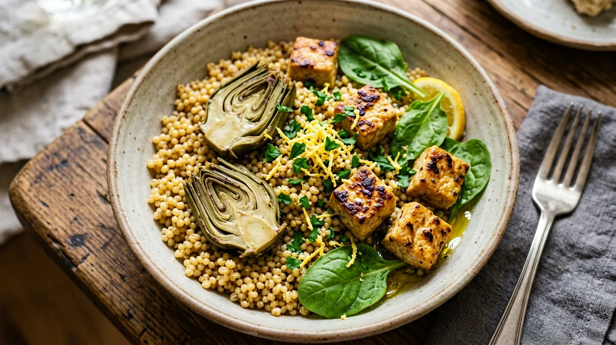 Bowl di kamut con tempeh, carciofi e limone