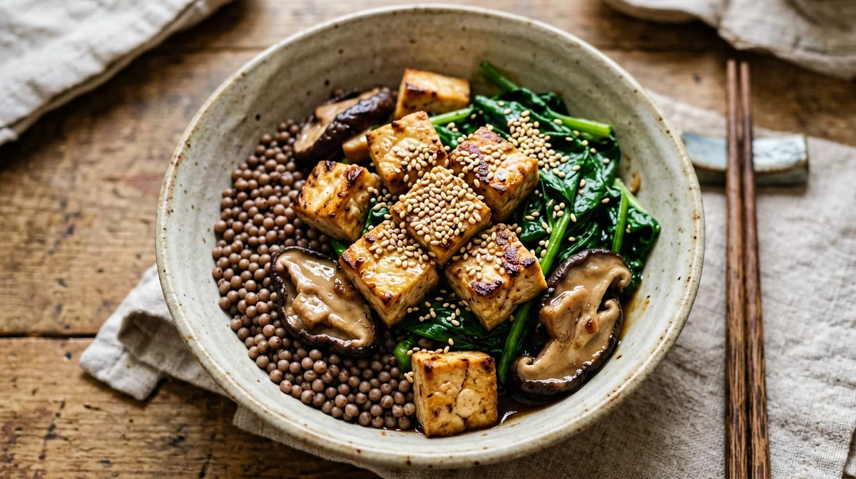 Bowl di tofu, grano saraceno, shiitake e spinaci