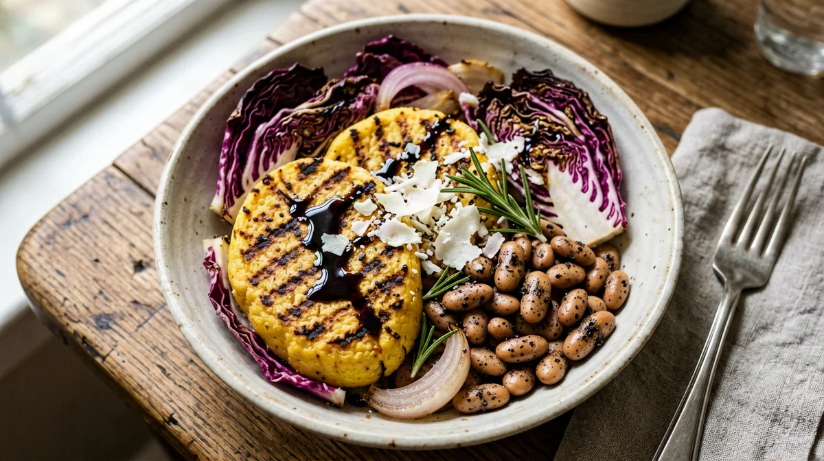 Bowl di polenta grigliata, borlotti, radicchio e Grana