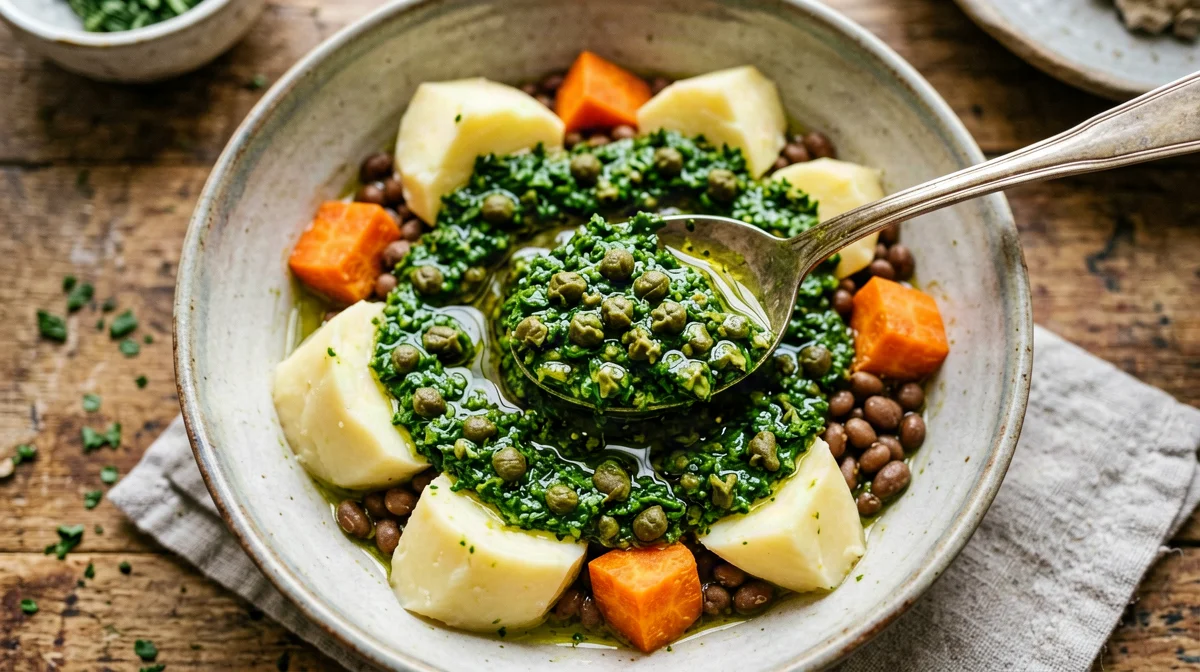 Lentil, potato and carrot bowl with vegan salsa verde