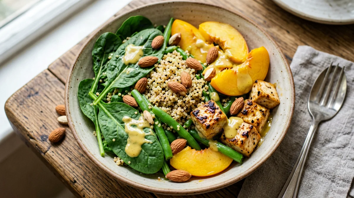 Summer bowl with quinoa, tofu, peaches, green beans and almonds