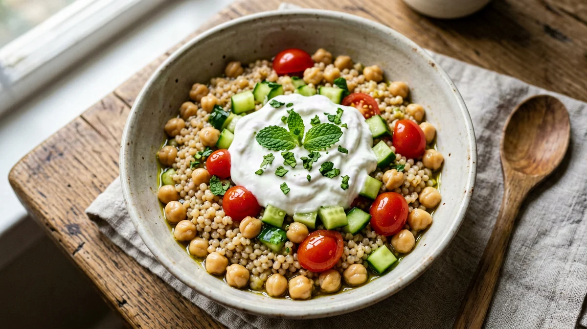 Summer barley bowl with chickpeas, cucumber and mint yogurt