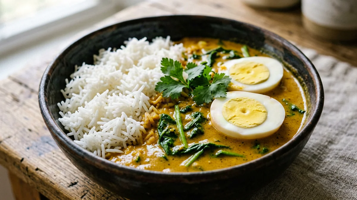 Bowl di riso basmati con uova al curry, spinaci e pomodori