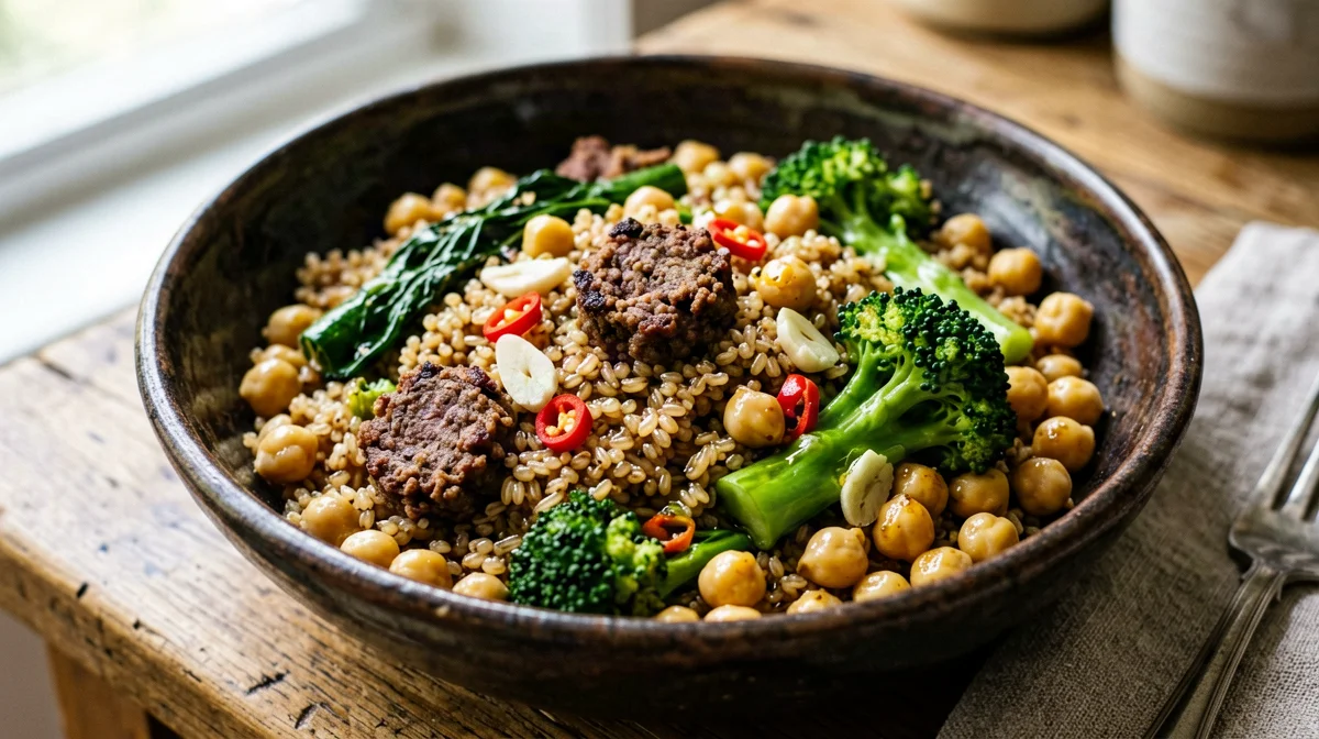 Bowl di farro, salsiccia, cime di rapa e ceci