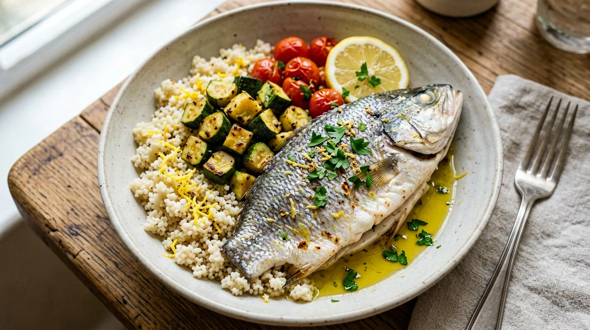 Bowl di orata al forno con couscous, zucchine e salsa al limone