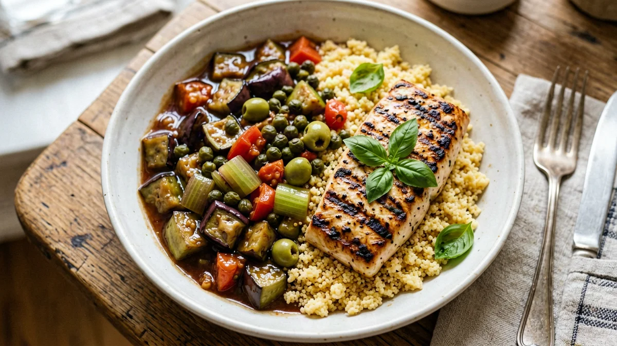 Bowl di pesce spada grigliato con caponata fredda e couscous