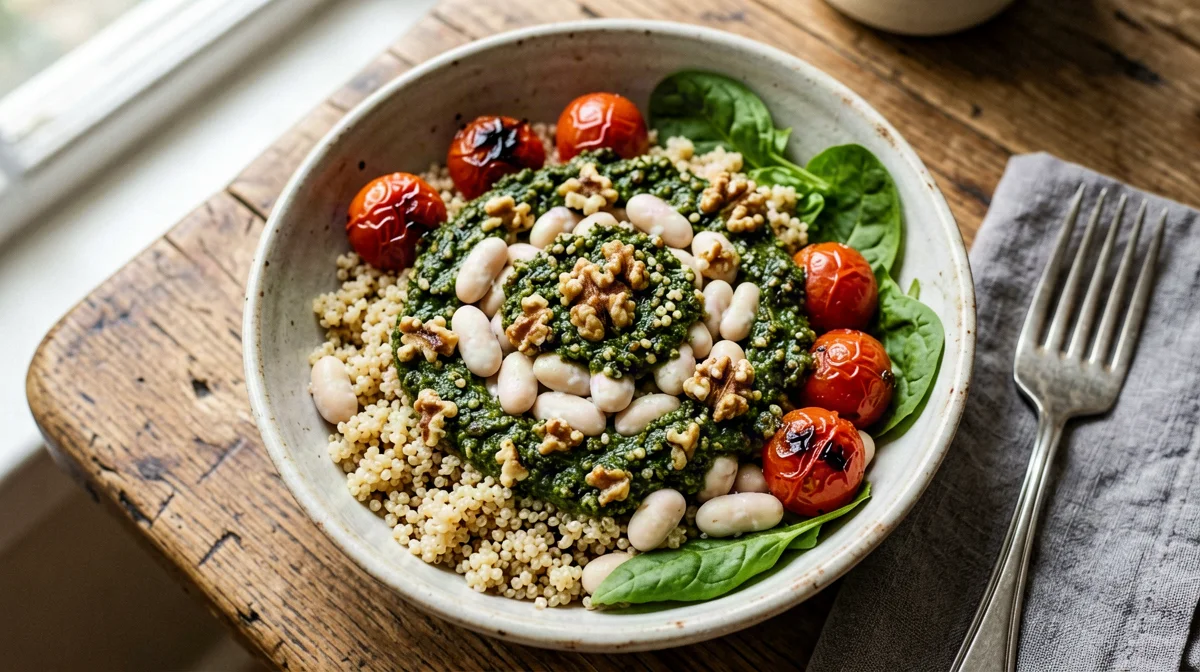 Bowl di quinoa, cannellini, pomodorini arrosto e pesto di rucola