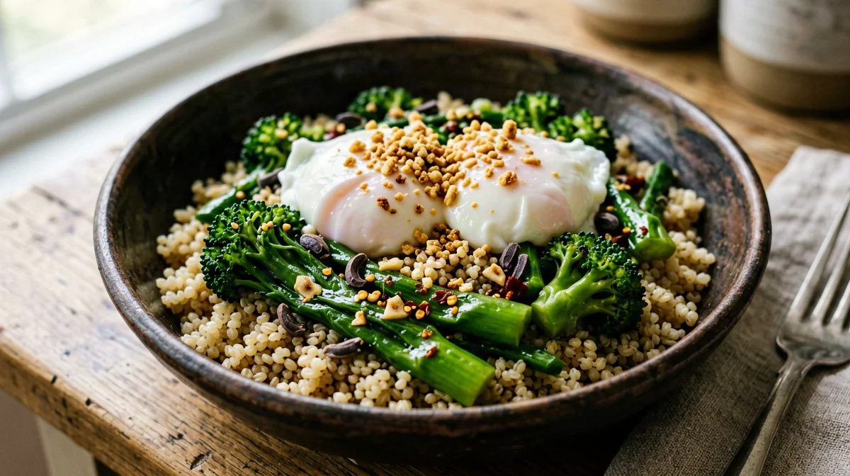 Farro bowl with broccoli rabe, poached egg and crispy breadcrumbs