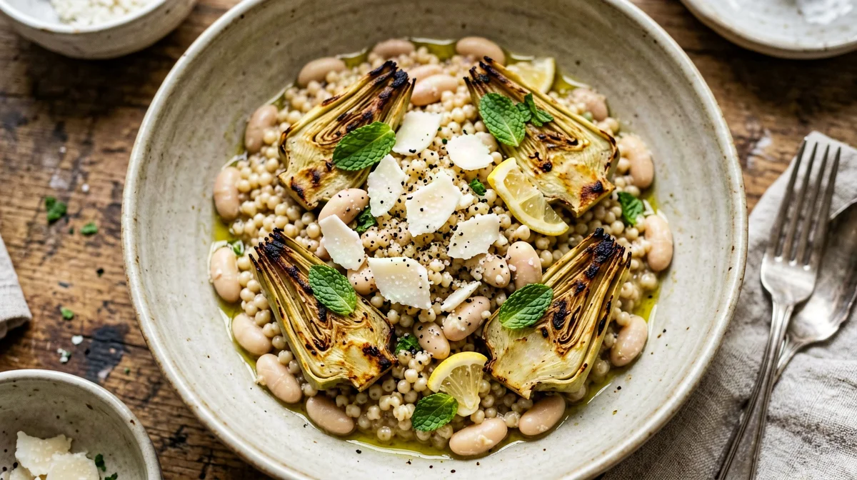 Barley bowl with roasted artichokes, cannellini beans and pecorino
