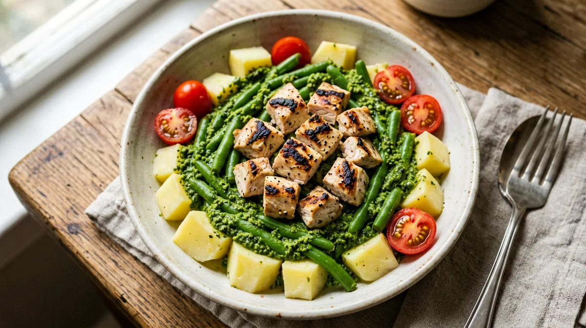 Ligurian pesto chicken bowl with potatoes, green beans and tomatoes