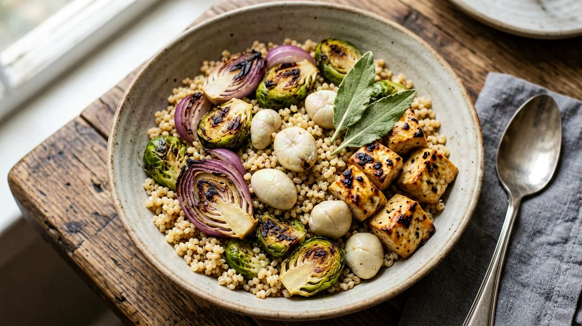Autumn farro bowl with Brussels sprouts, chestnuts and smoked tofu