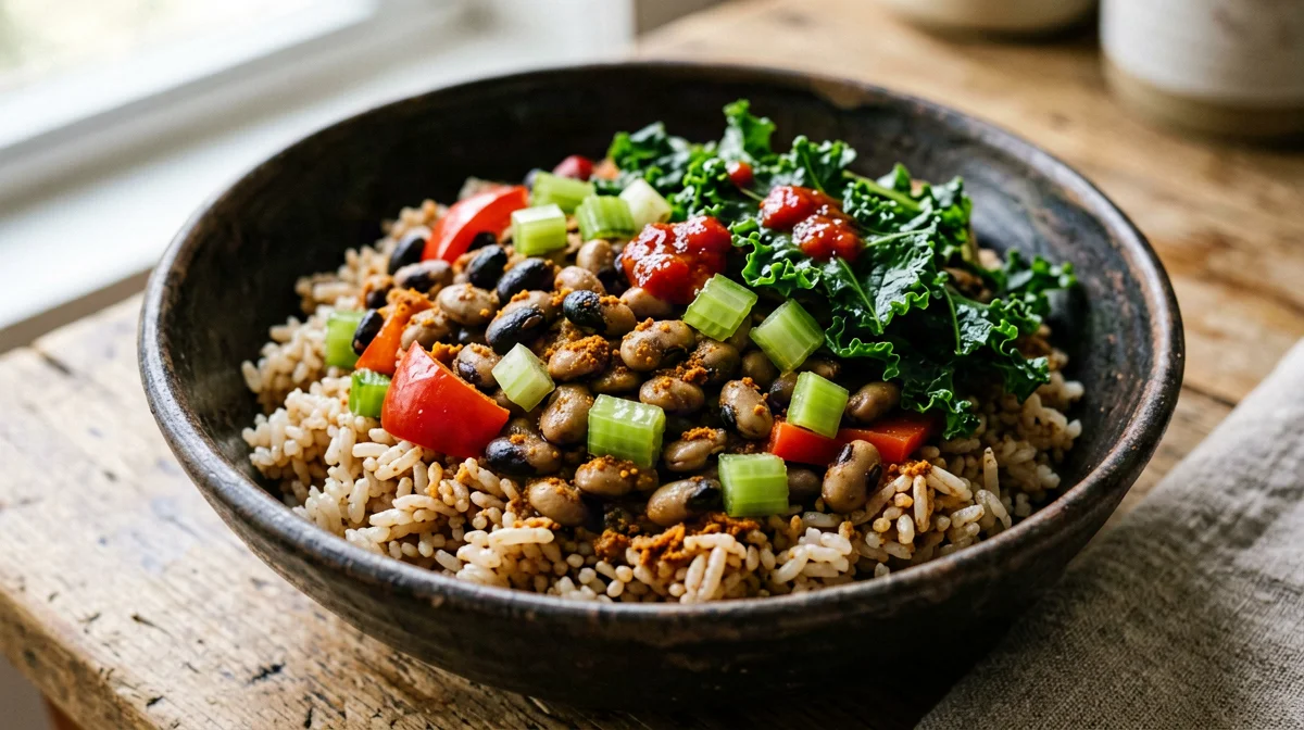 Bowl di fagioli dall'occhio, riso integrale, peperoni e cavolo nero
