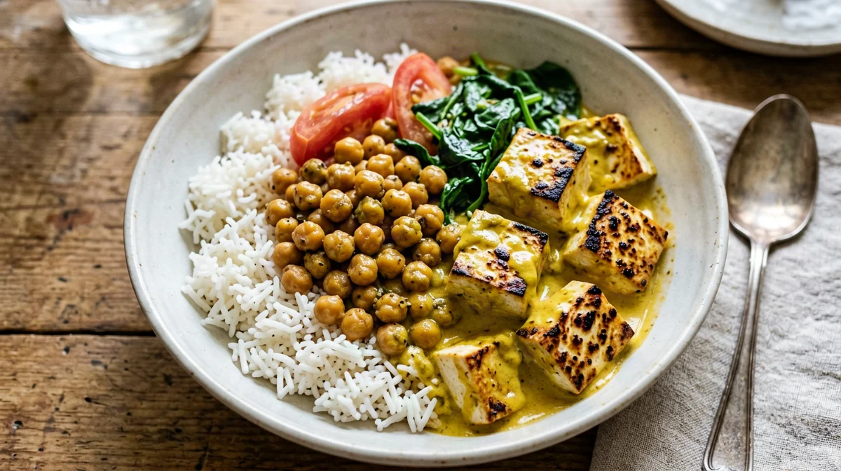 Bowl di paneer grigliato, riso basmati, ceci e spinaci