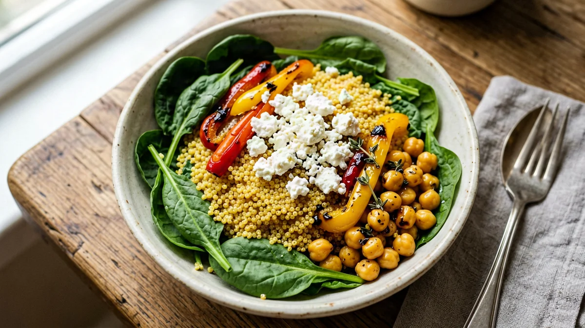 Amaranth bowl with roasted peppers, chickpeas and goat's cheese