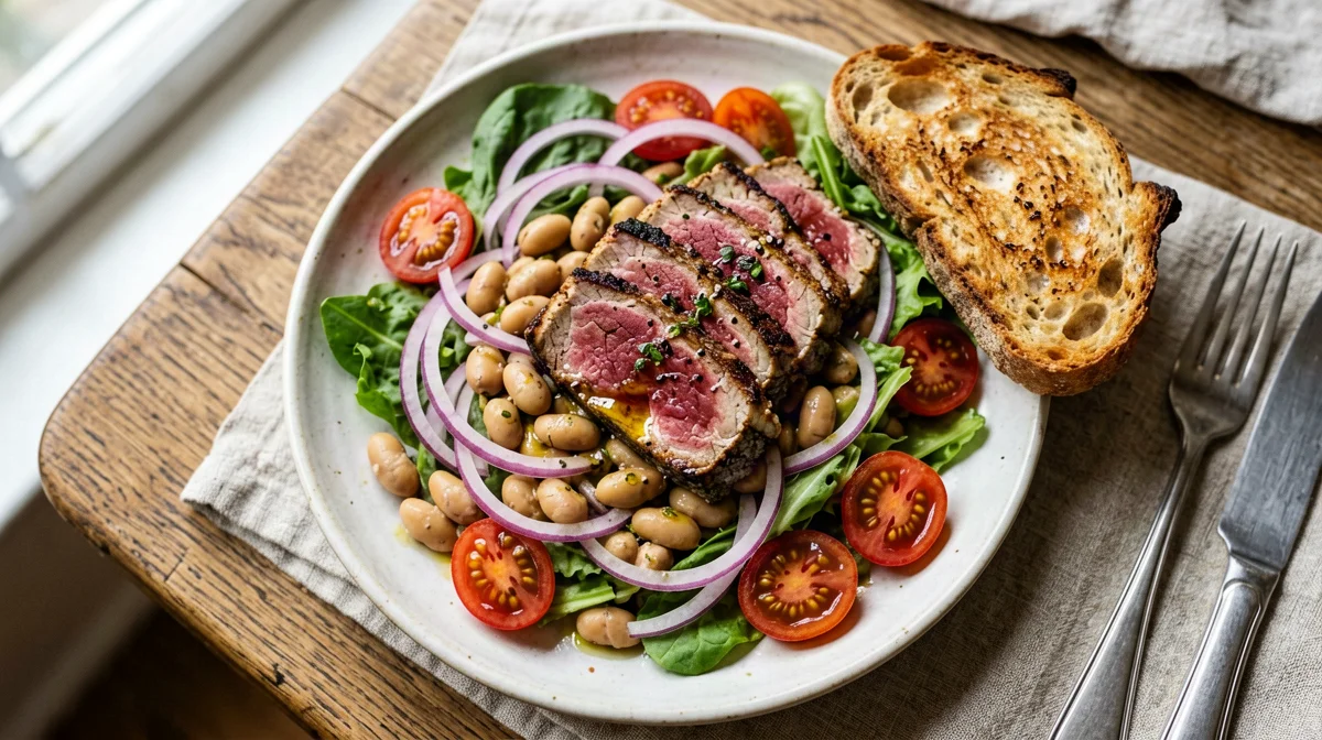 Seared tuna on cannellini beans, red onion and rocket