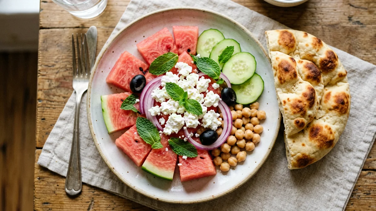 Insalata di anguria e feta con ceci, menta e pane pita