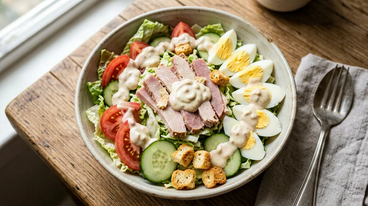 Light chef salad with turkey, ham, egg and emmental