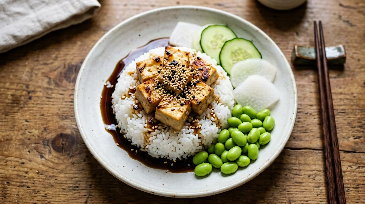 Tofu, cucumber and daikon salad with sushi rice