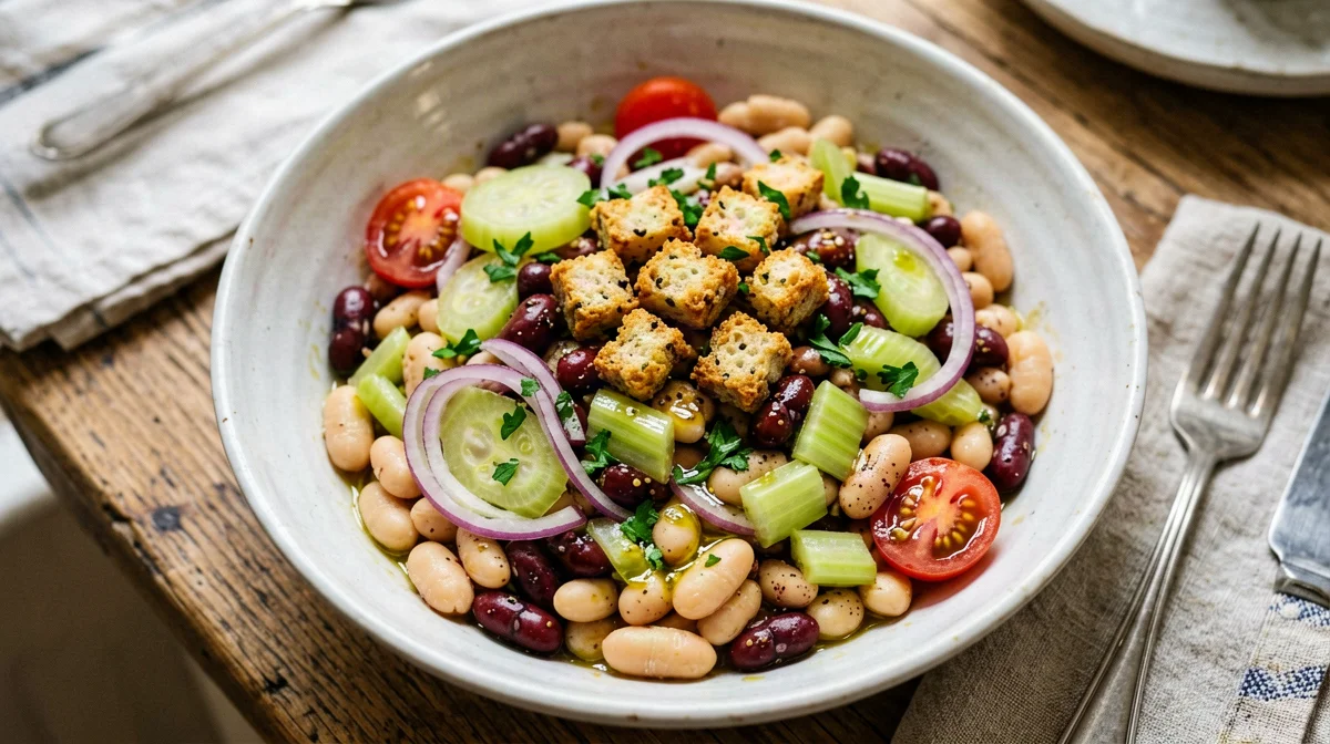 Insalata di tre fagioli con sedano, cipolla e crostini