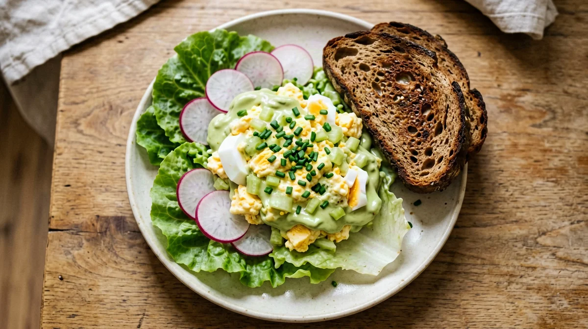 Egg, avocado and chive salad with rye bread