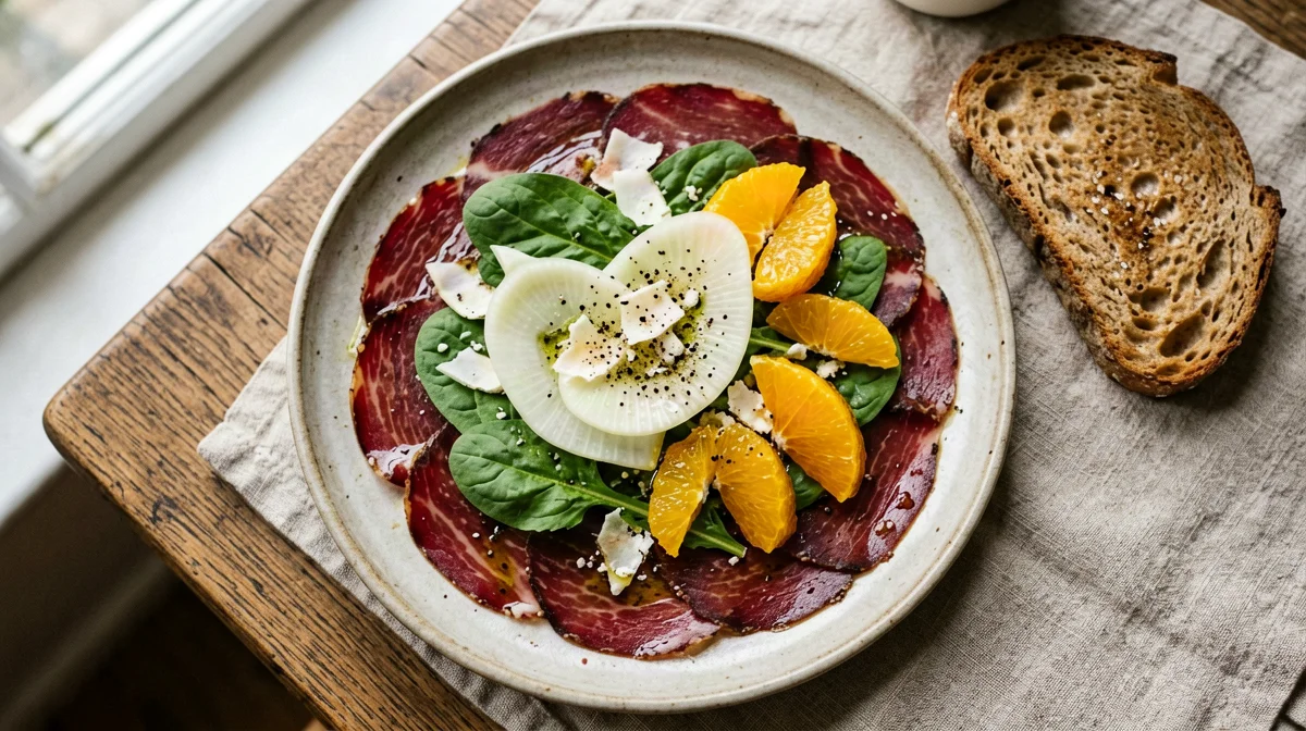 Carpaccio di bresaola con finocchi, arance e pane integrale