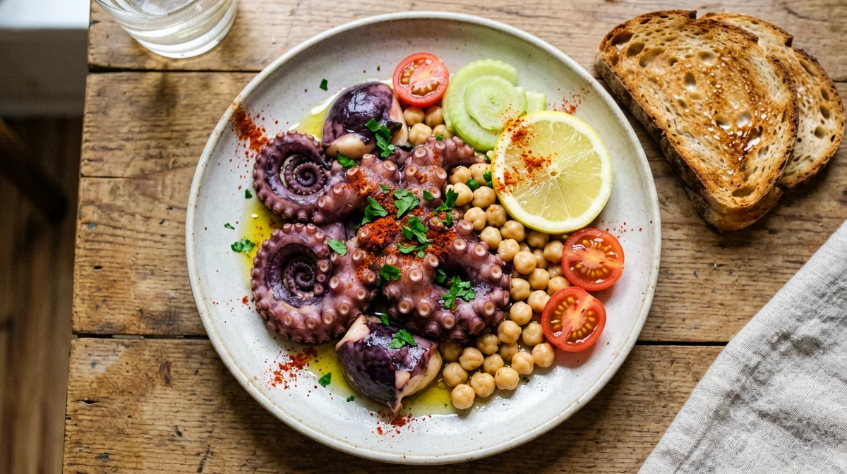 Insalata di polpo, ceci e sedano con pane tostato