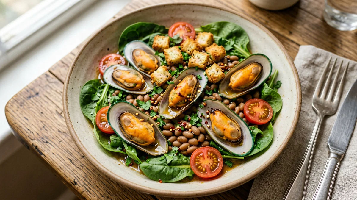Insalata tiepida di cozze, fagioli e pomodorini con crostini